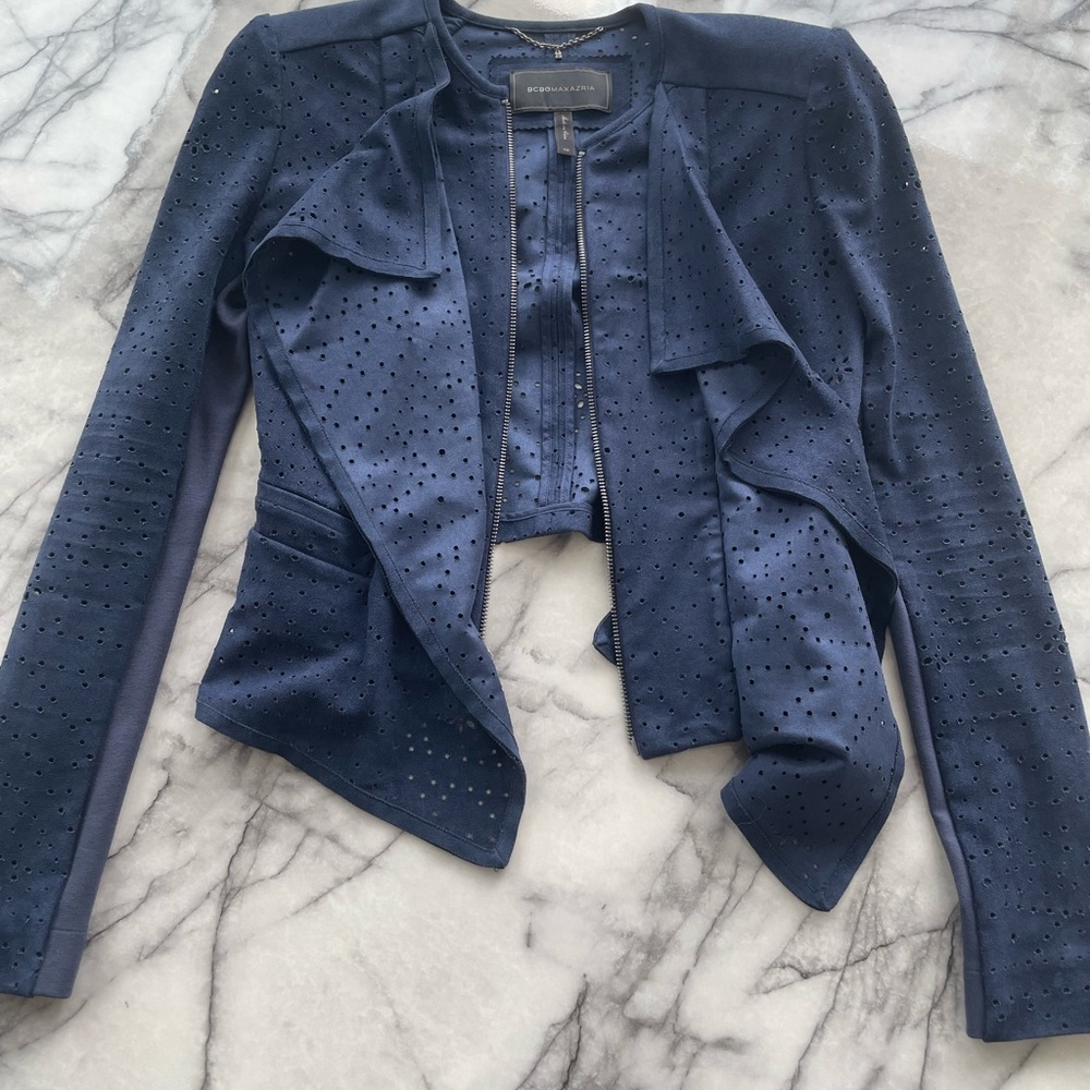 BCBG MAX AZRIA NAVY FAUX SUEDE ELIOT COAT SIZE XS